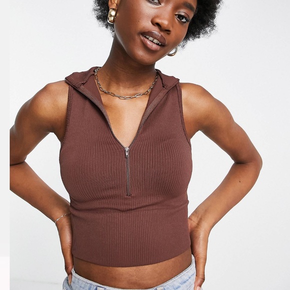 ASOS Tops - ASOS X Stradivarius Brown Half-zip detail ribbed seamless tank top in brown